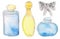 Perfume set - different jars of perfume water in blue and yellow jars. watercolor illustration for prints, design, posters,