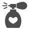 Perfume solid icon. Fragrance bottle with heart and water spray mist symbol, glyph style pictogram on white background