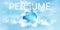 Perfume spray bottle in cloudy sky mock up banner.