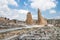 Perge, Old Gate tower and ruins of market square. Greco-Roman ancient city Perga. Greek colony from 7th century BC,