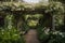 pergola covered in fragrant honeysuckle vines, surrounded by blooming flowers