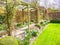 Pergola in the garden surrounded by daffodils