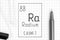 The Periodic table of elements. Handwriting chemical element Radium Ra with black pen, test tube and pipette