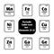 Periodic Table of Elements Icon button set in black and white Elements atomic number 25-32 for science concepts and experiments.