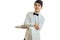 Perky young waiter in a white shirt with black bow tie holding a towel and tray for dishware