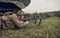 PERM, RUSSIA - JULY 30, 2016: Historical reenactment of World War II, summer, 1942. Soviet soldier with machine gun