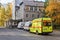 Perm, Russia - October 01, 2020: ambulances with COVID-19 patients queued up in front of the hospital admission department due to