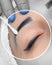 Permanent make-up for eyebrows of beautiful woman with thick brows in beauty salon. Closeup beautician doing tattooing eyebrow