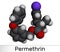 Permethrin molecule. It is insecticide and medication, used in treatment of lice infestations and scabies. Molecular model. 3D