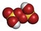 Peroxydisulfuric acid oxidizing agent molecule. 3D rendering. Atoms are represented as spheres with conventional color coding: