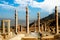 Persepolis is the capital of the ancient Achaemenid kingdom. Ancient columns. Sight of Iran. Ancient Persia. Blue sky and clouds