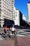 Pershing Square. Cyclists at a pedestrian crossing in Downtown Los Angeles