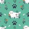 Persian kitten seamless pattern background with flowers and paw prints. Cartoon cat kitten background.