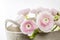 Persian pink buttercup in a beige wicker basket on a white background