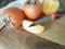 Persimmon freshness on a wooden knife table