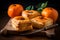 Persimmon pastry pies on wooden board serving. Generate ai