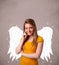 Person with angel illustrated wings on grungy background