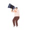 Person announcing important information with megaphone. Invitation, announcement, notification or warning concept. Man