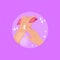 Person applying cream on hands, round icon flat vector illustration isolated on purple background.