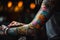 Person arm that is covered in colorful tattoos. Generative AI