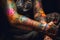 Person arm that is covered in colorful tattoos. Generative AI