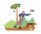 Person with backpack and hawking glove hunting with falcon bird and dog in the forest, cartoon vector Falconry training