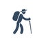 Person with backpack and stick walking, outdoor hiking activity icon