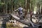 Person Balancing on Log Footbridge in Forest