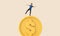 Person balancing on top of a dollar currency coin. Uncertain economy. 3D Rendering