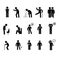 Person basic body language pictogram, symptom sick, sore, stomachache, headache, vomit, backache, broken legs, old