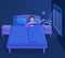 Person in bed waking up early, bedroom interior at early morning, alarm clock ringing, flat illustration, vector