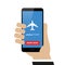 Person books online flight ticket on the smartphone