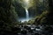 Person at breathtaking beauty of cascading waterfall. Generative AI
