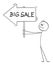 Person or Businessman Holding Big Sale Arrow Sign and Pointing at Something, Vector Cartoon Stick Figure Illustration