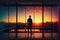 A person businessman standing in front of a large glass window, looking out at the city skyline at sunset. Generative AI