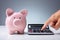 Person Calculating With Calculator Near Piggy Bank At Desk