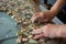 person carefully aligning mosaic tiles on a kitchen backsplash