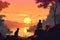 A person and a cat watching the sunrise together, warm, lovely, Miyazaki style, pleasant scenery, detailed picture