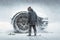 person, changing tires on car in winter storm, with snow and wind blowing around