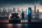 person, charging electric car at public charging station, with view of bustling cityscape in the background