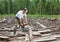 The person clears away a forest blockage