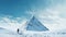 A person is climbing the snowy mountain against blue sky background