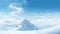 A person is climbing the snowy mountain against blue sky background