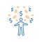 Person with coins and dollar sign above his head. Vector thin line icon. Concepts of success, getting rich, winning and earning