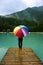 Person with colorful rainbow umbrella standing in the rain