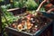 person, composting food waste in backyard garden