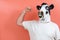 Person with a cow mask raising his fist