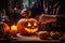 Person crafting a jack-o-lantern in warm candlelight, enhancing the cozy Halloween ambiance.