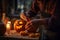 Person crafting a jack-o-lantern in warm candlelight, enhancing the cozy Halloween ambiance.