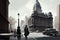 person, crossing city street, with view of landmark or historic building in the background